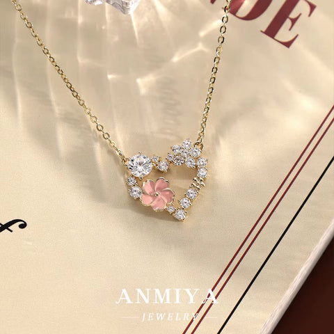 ANMIYA Fine Jewelry 925 Sterling Silver Gold Plated Pink Zircon Heart Necklace for Lover