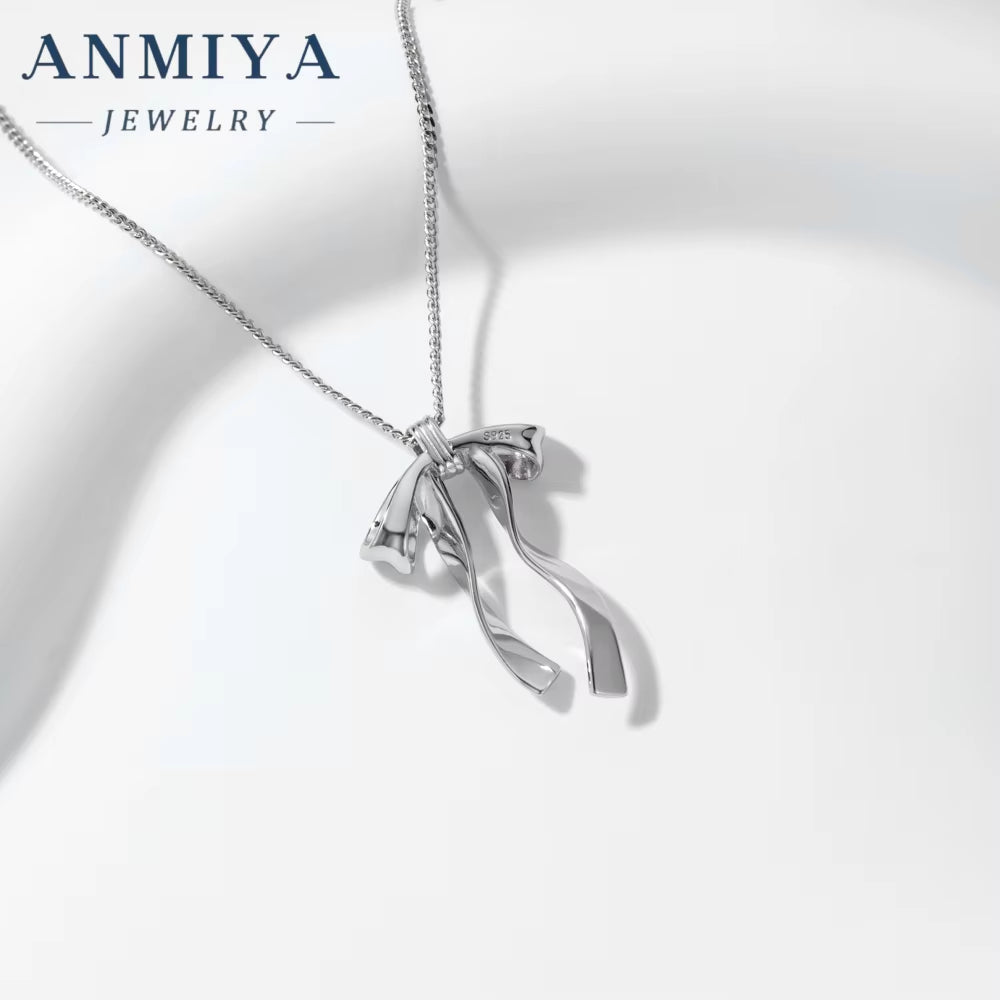 ANMIYA Simple Fashionable 925 Silver Necklace with Zirconia Sweet and Lovely Girl'S Bow Necklace
