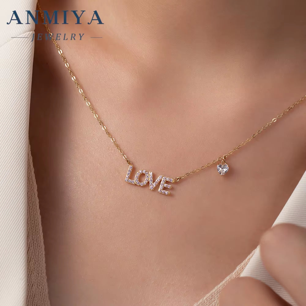 ANMIYA New Arrivals Rhinestone Necklace 925 Sterling Silver Necklace Love Letter Heart Pendant Necklace for Women