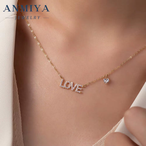 ANMIYA New Arrivals Rhinestone Necklace 925 Sterling Silver Necklace Love Letter Heart Pendant Necklace for Women