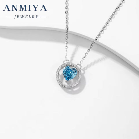 Luxury 925 Sterling Silver Ice Out Diamond Shinny Zircon Blue Heart Charm Wedding Necklace