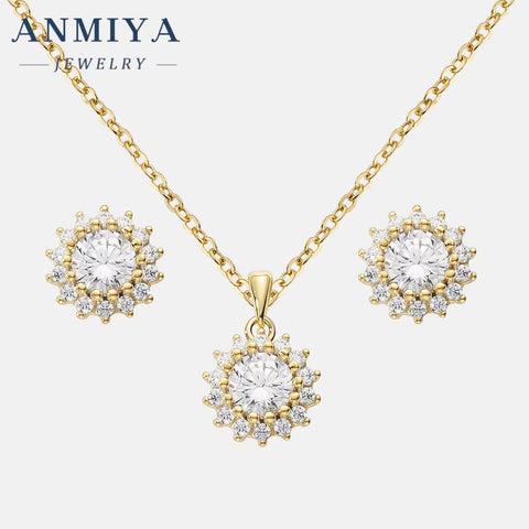 ANMIYA Best Selling Fashionable Shiny round Zircon 925 Silver Accessory Jewelry Sterling 925 Necklace Earrings Set for Women