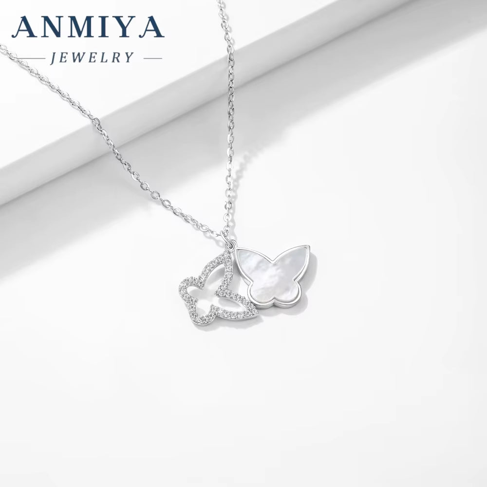 New Design Jewelry 925 Silver Zircon Butterfly Pendant Double Butterfly Necklace for Gift