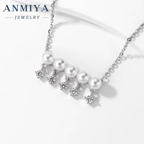 ANMIYA Fashion Chains One-Line Shape Fresh Water Pearl Collarbone Necklace 925 Sterling Silver Necklace