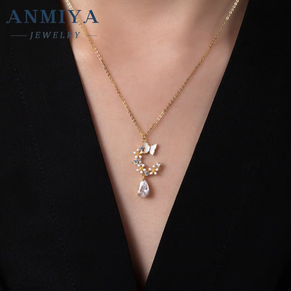 Valentine'S Day Water Drop Butterfly Garland Fine Zirconia Zircon Stone 925 Friendship Necklace Set Earrings for Women