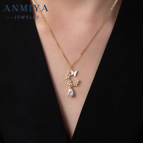 Valentine'S Day Water Drop Butterfly Garland Fine Zirconia Zircon Stone 925 Friendship Necklace Set Earrings for Women