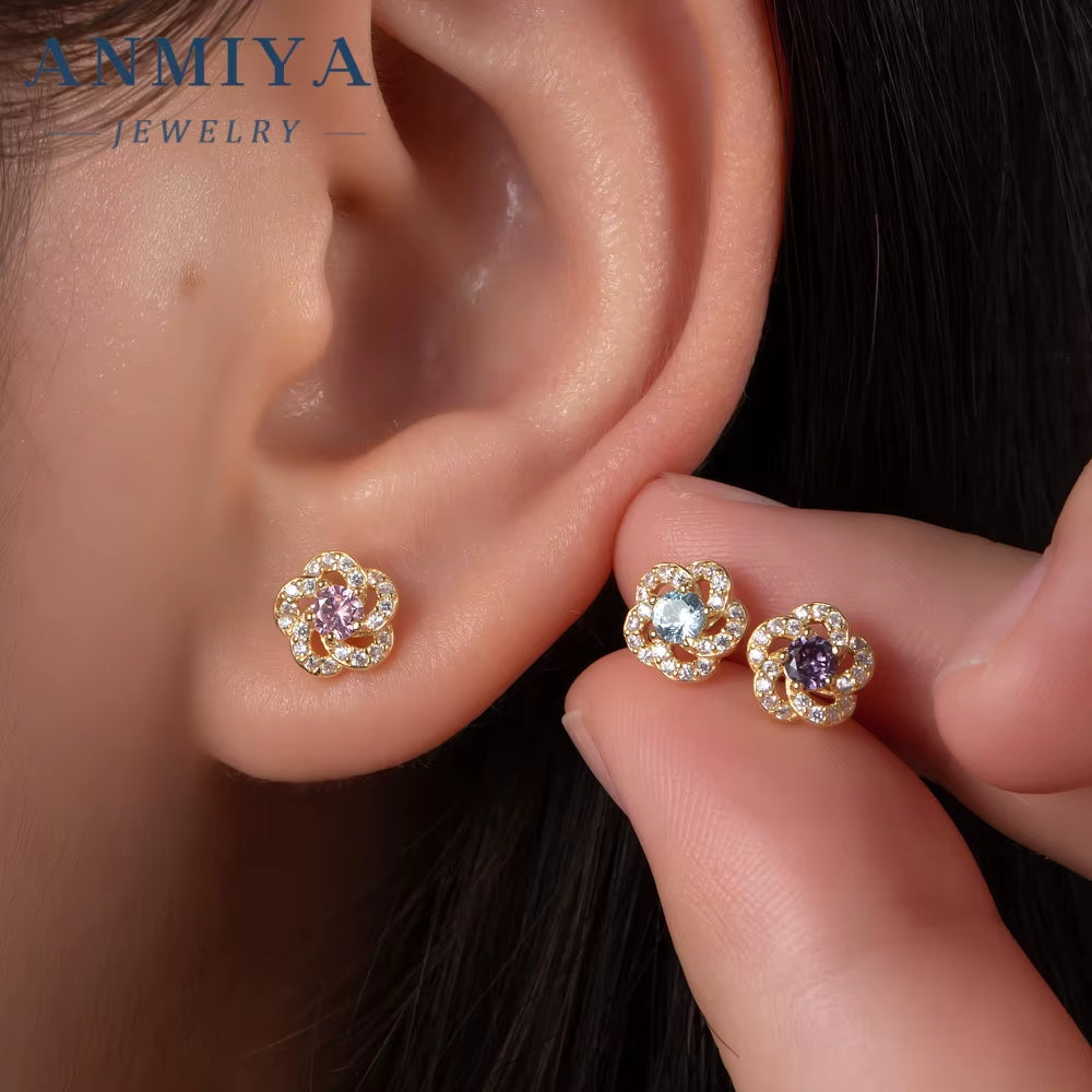 ANMIYA 2024 Flower-Shaped Stud Earrings Fashionable 925 Silver Fine Jewelry Earrings Three Zircon Flower Earring