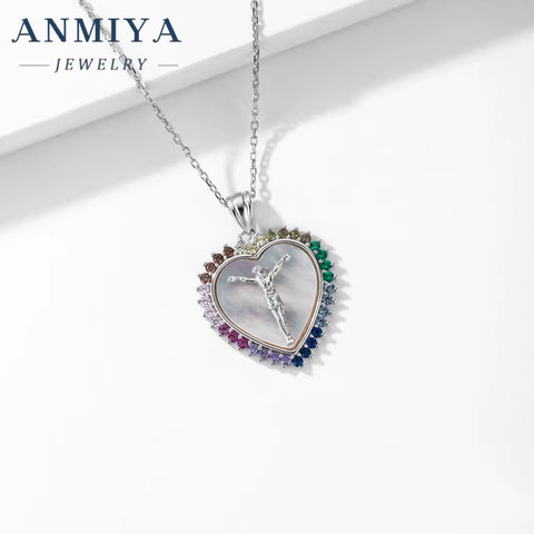 ANMIYA New Design Jesus Heart Shape Zircon 925 Sterling Silver Necklace for Women Fashion Jewelry