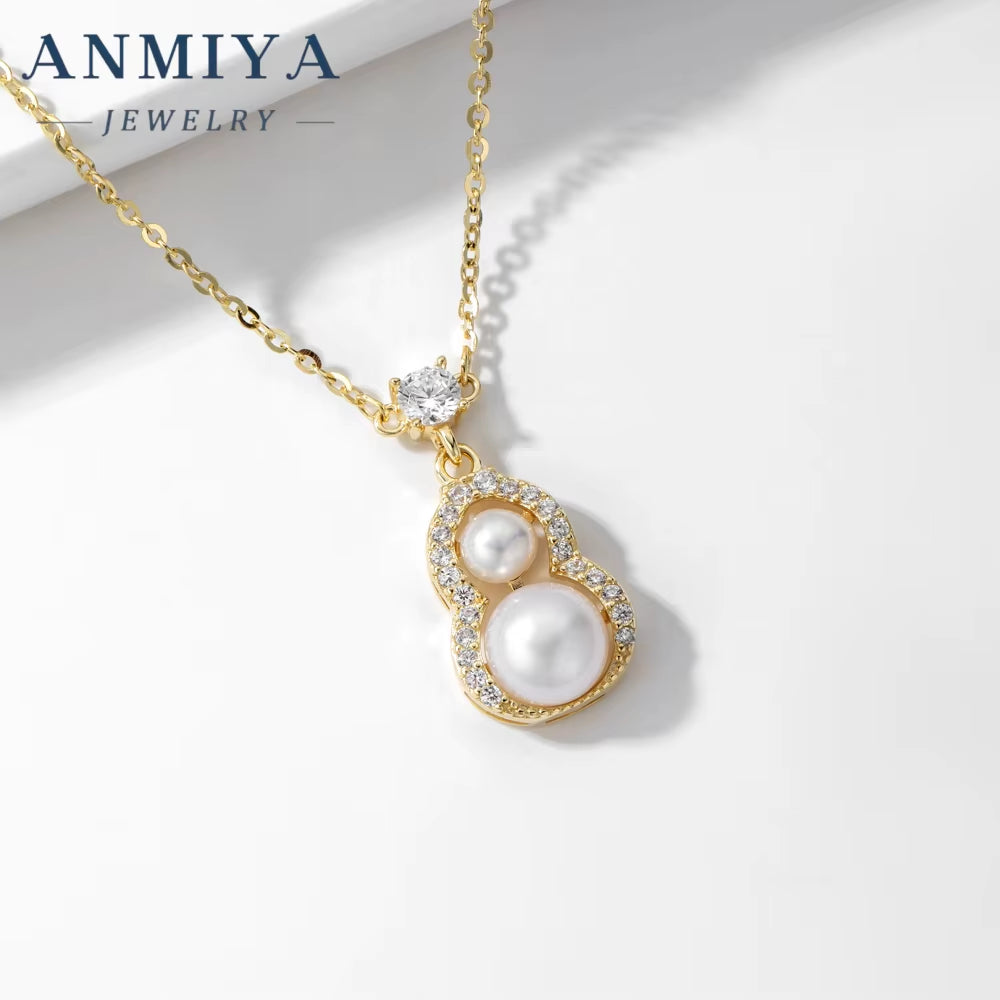 ANMIYA Certified 18K Gold Plated Hollow Diamond Calabash Pendant Gold Hipster Women'S Clavicle Chain Water Pearl Gold Wholesale