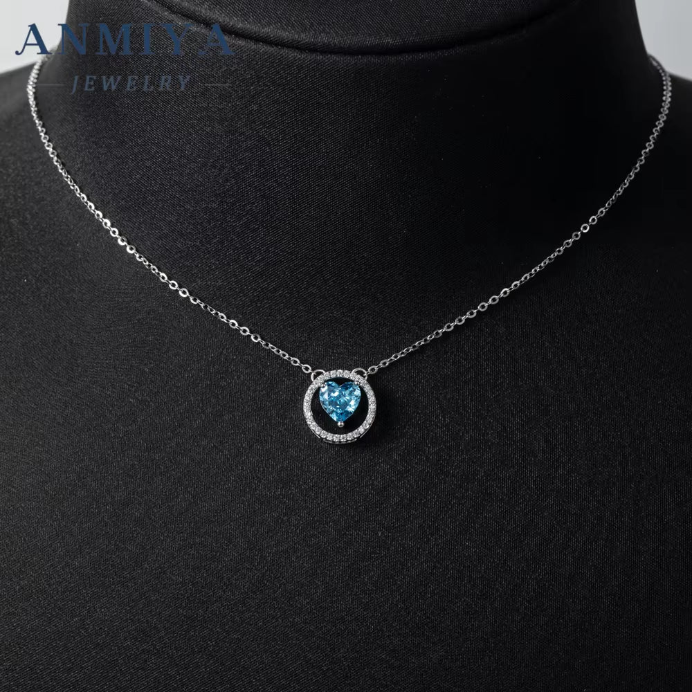 Luxury 925 Sterling Silver Ice Out Diamond Shinny Zircon Blue Heart Charm Wedding Necklace