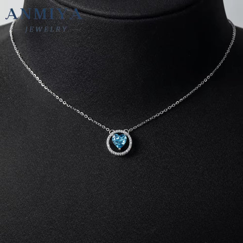 Luxury 925 Sterling Silver Ice Out Diamond Shinny Zircon Blue Heart Charm Wedding Necklace