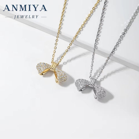 ANMIAY Simple and Fashionable S925 Silver Necklace with Zirconia Sweet and Lovely Girl'S Bow Necklace