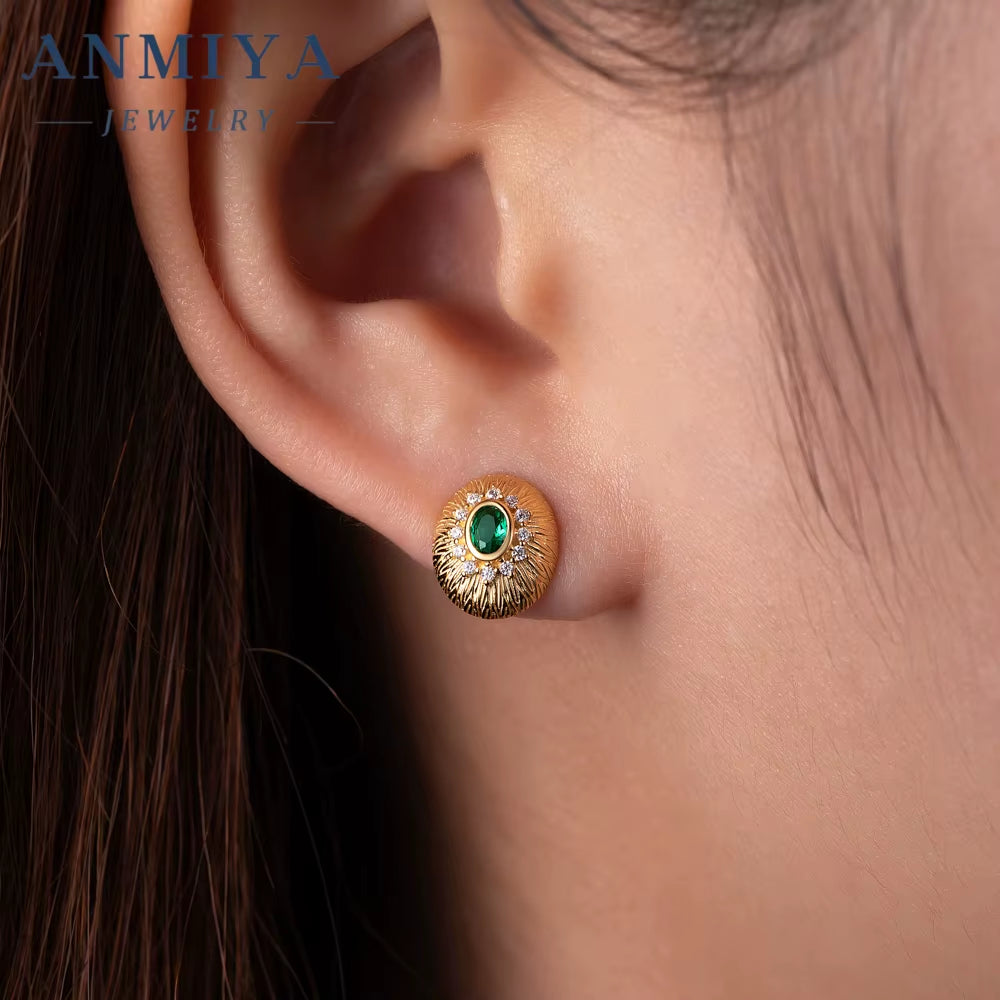 ANMIYA Waterproof 18K Gold Plated 925 Silver round Pendant Green Zircon Jewelry Set Necklace Earring Set