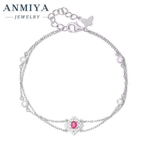925 Silver Jewelry Geometric Clover Bracelet Double Layer with Garnet Stone Modern Bridal Jewelry for Jewelry Wholesalers
