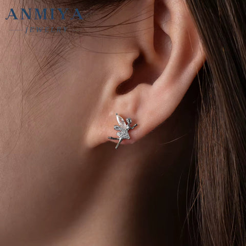 ANMIYA Summer Fairy Shape Cute Zircon S925 Silver Stud Earrings for Gisl Bestfriends Hypoallergenic
