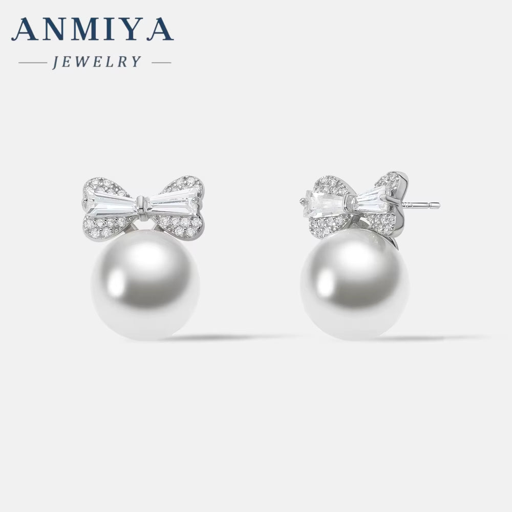 ANMIYA Gold Plated Bowknot Stud Earrings Pearl Festive Earring for Women Girls Christmas Jewelry Gifts