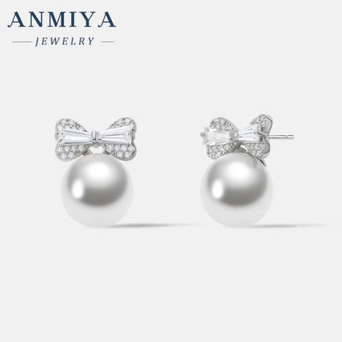 ANMIYA Gold Plated Bowknot Stud Earrings Pearl Festive Earring for Women Girls Christmas Jewelry Gifts