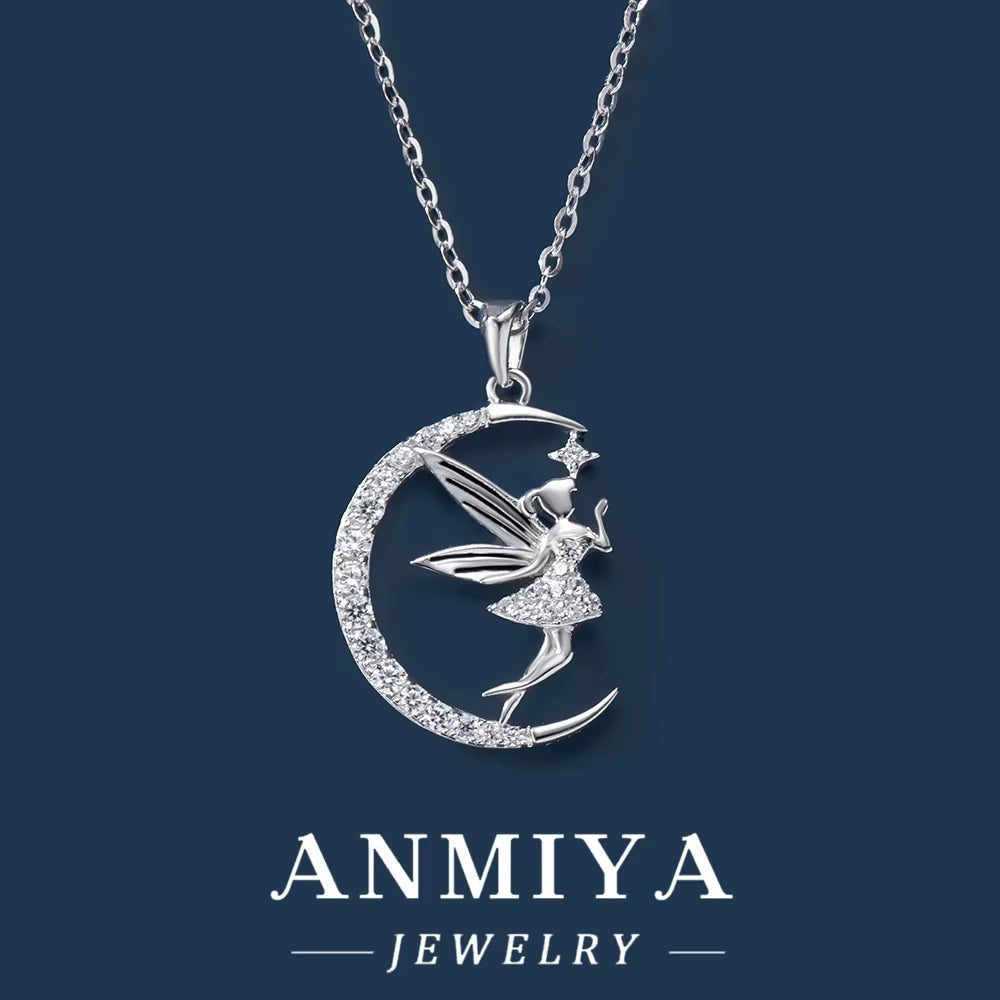 925 Sterling Silver Unisex Friendship Pendant Trendy Fashion Jewelry Necklace Zircon Iced Elfin Fairy Moon Angel Necklace