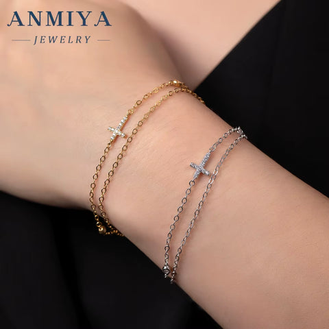 ANMIYA S925 Silver Double Link Chain Bracelet Femme Bracelets with Cross Chain