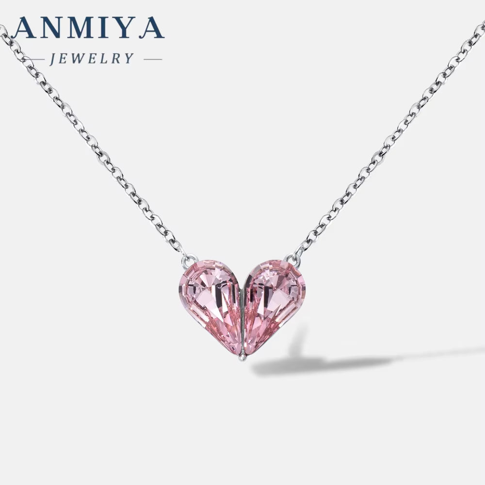 ANMIYA Fashion Crystal Heart Pendant Necklace 925 Silver Love Heart Pendant Necklace for Mom Women