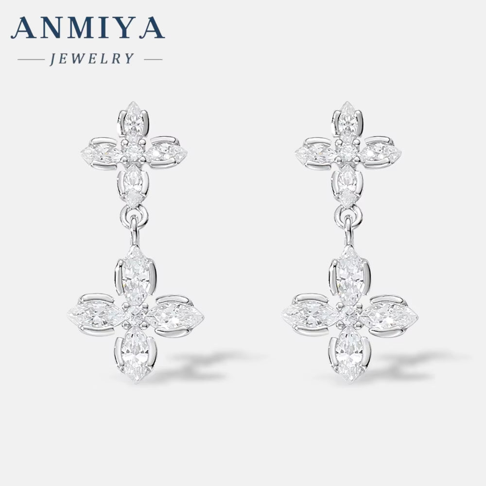 Hot Sale 925 Sterling Silver Four-Leaf Clover Flower Zircon Stud Earrings for Women Zircon Drop Earrings Jewelry