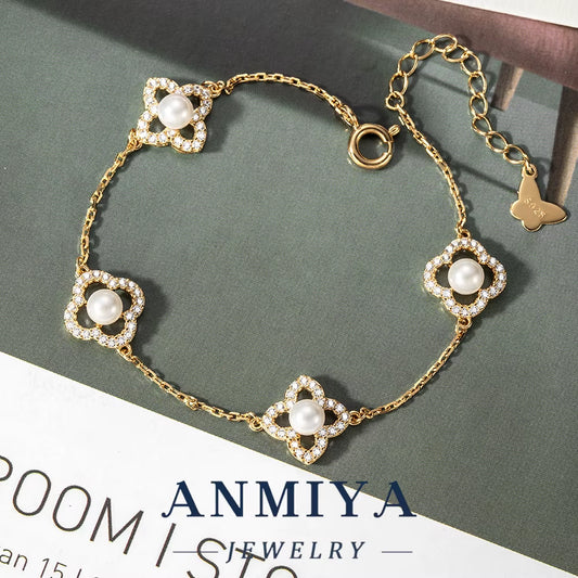 Gift Box Included Luxury Silver Jewelry Trio - Pear-Inlaid Clover Bracelet with Floral Cutouts Accents for Wedding