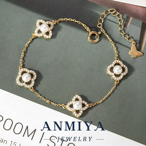 Gift Box Included Luxury Silver Jewelry Trio - Pear-Inlaid Clover Bracelet with Floral Cutouts Accents for Wedding