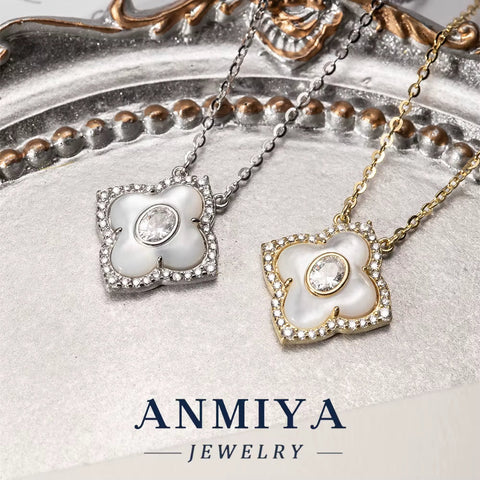 ANMIYA Unisex 925 Sterling Silver Four Leaf Clover Pendant Necklace Customizable with White Shell and Zircon for Engagement