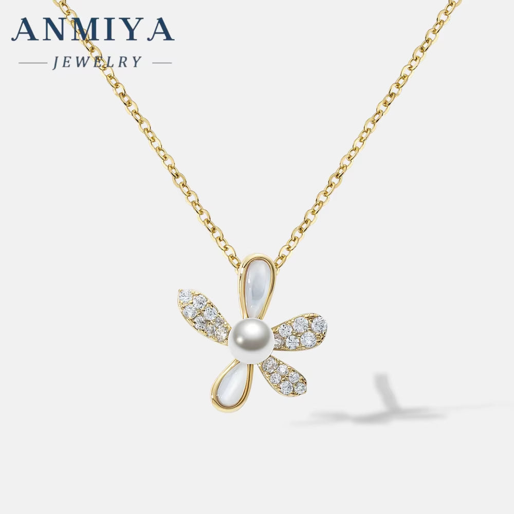 ANMIYA Pearl Flower Necklace 925 Silver Chain Zirconia Pendant Pearl Jewelry Necklace Pendant Wholesale for Women