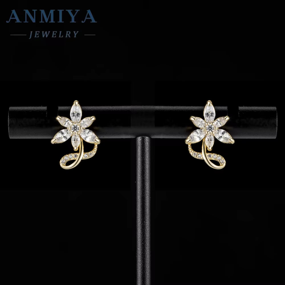 ANMIYA Fashion Jewelry Statement 18K Gold Plated Cubic Zirconia Flower Earrings for Children for Gifts