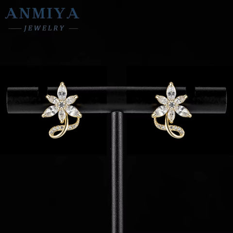 ANMIYA Fashion Jewelry Statement 18K Gold Plated Cubic Zirconia Flower Earrings for Children for Gifts