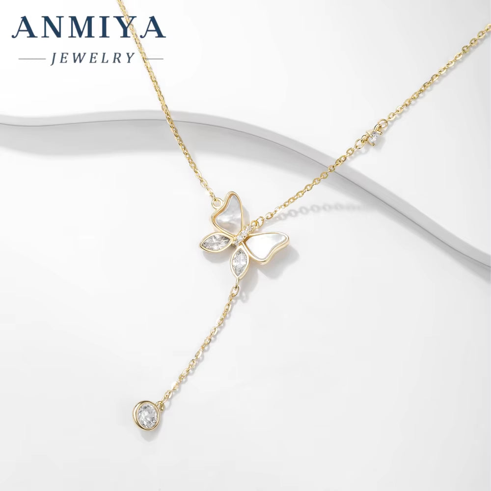 ANMIYA Custom Elegant Fashion Jewelry Necklace 925 Sterling Silver White Shell Butterfly Pendant Gift