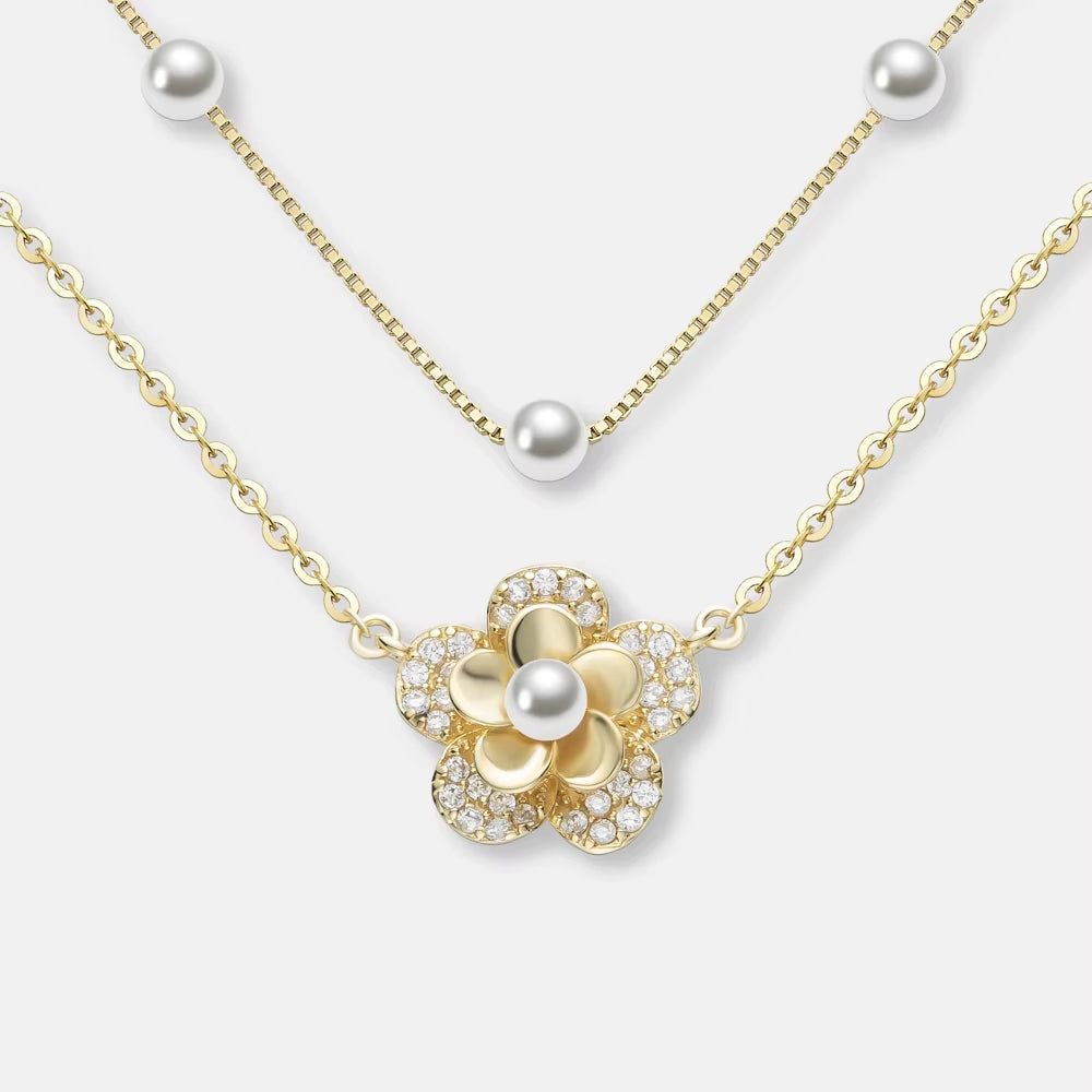 ANMIYA Fashion 18K Gold Plated 925 Sterling Silver Double Layer Flower Pearl Pendant Necklace Women