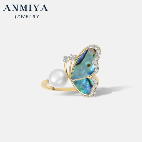 New Trendy 925 Sterling Silver Pearl Flower Butterfly Ring 18K Gold Plated Flower Rings for Lady Women Anniversary Gift