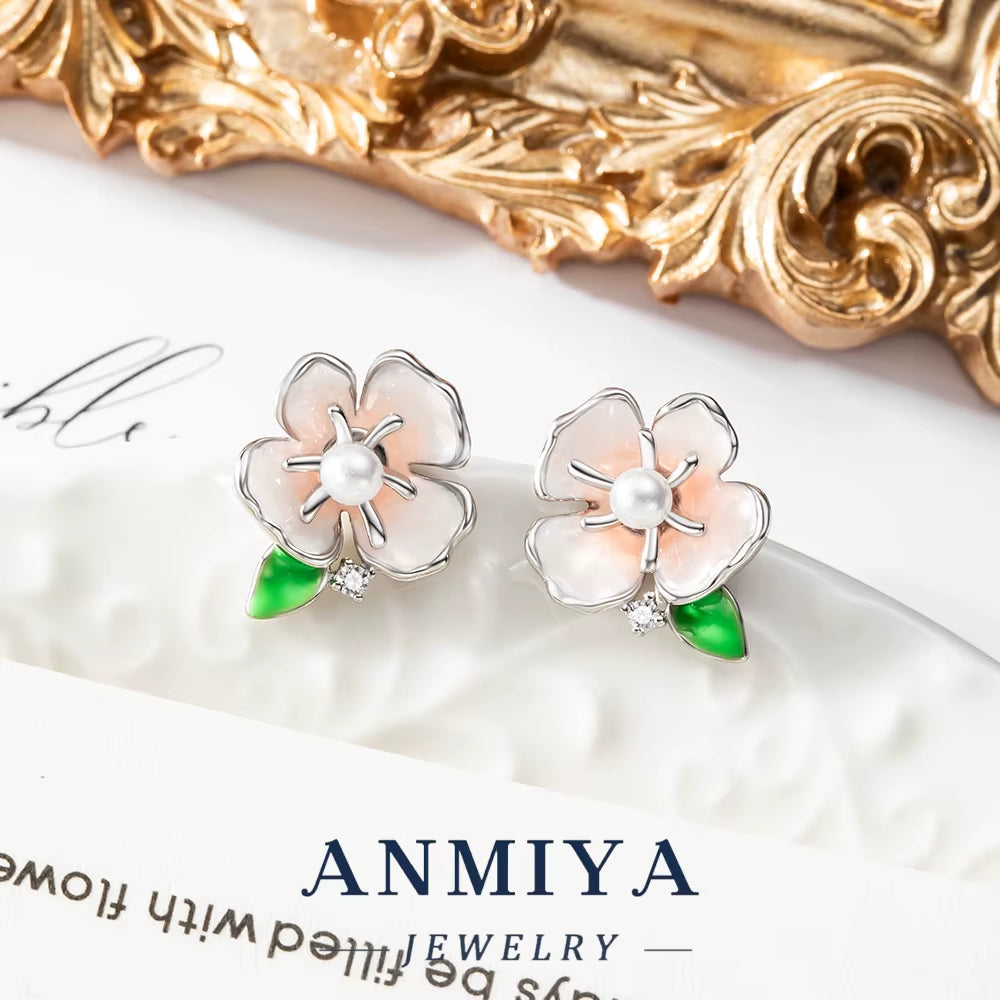 Elegant Silver 925 Jewelry Set Necklace and Stud Earring Featuring Enamel Flower Centered Pearl Inlay for Women Daily Wear