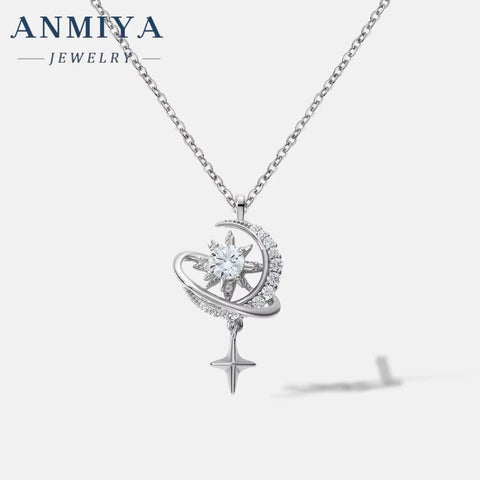 Fashion 925 Silver 18K Gold Plated Starry Sky Moon Star Zircon Pendant Necklace for Women Jewelry