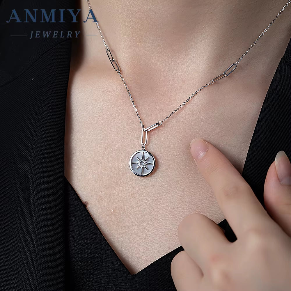 Female 925 Sterling Silver Women Dainty round Star Sun Shine Pendant Necklace for Women