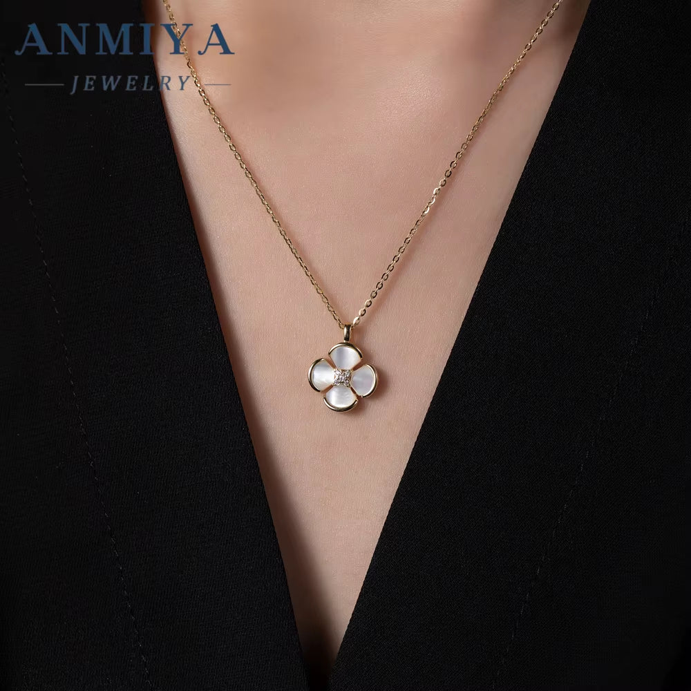 ANMIYA Fashion Charm High Quality 925 Silver Design Four Leaf Clover White Shell Necklace with Certificate