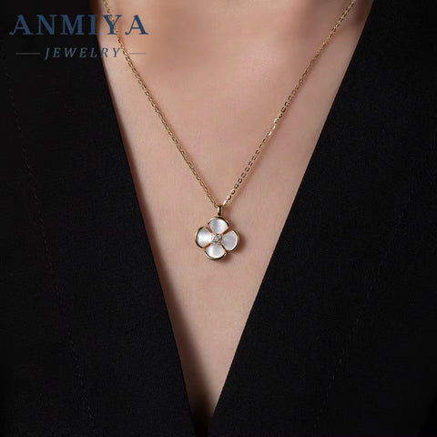 ANMIYA Fashion Charm High Quality 925 Silver Design Four Leaf Clover White Shell Necklace with Certificate