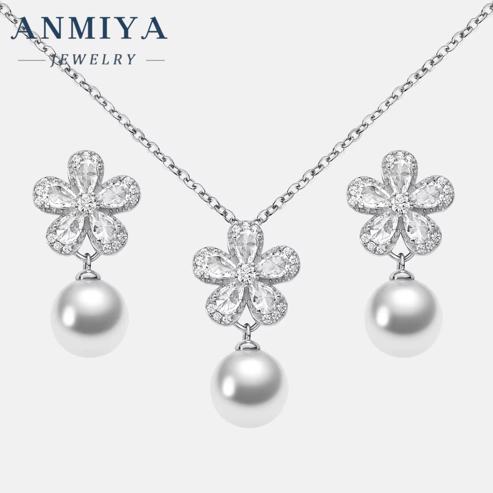 New Fashion Jewelry-Set Fresh Water Pearl Flower 925 Silver Necklace Earrings Bridal Jewelry Wedding Flower Earrings Jewelry Set