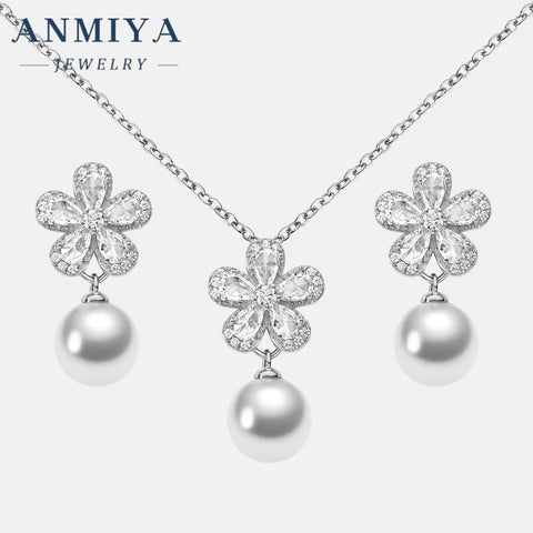 New Fashion Jewelry-Set Fresh Water Pearl Flower 925 Silver Necklace Earrings Bridal Jewelry Wedding Flower Earrings Jewelry Set