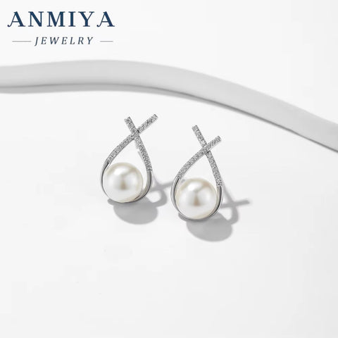 ANMIYA Customized 925 Sterling Silver Water Drop Cubic Zirconia Pearl Stud Earrings