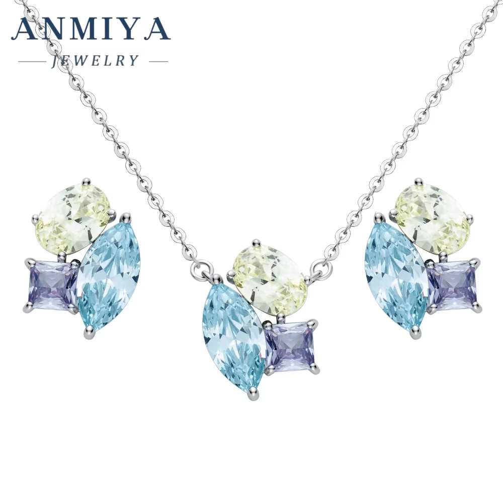 Colored Geometric Zircon round Ice Flower Cut Blue Stone 925 Silver Necklace and Earrings Stud Jewelry Set