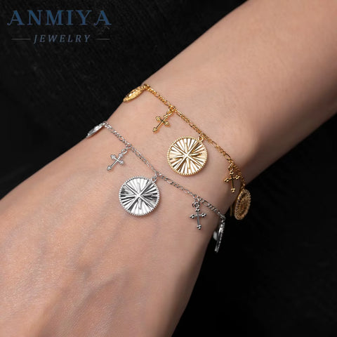 ANMIYA Christian Catholic Religious Bracelet 925 Silver 18K Gold Jesus Cross Bracelet
