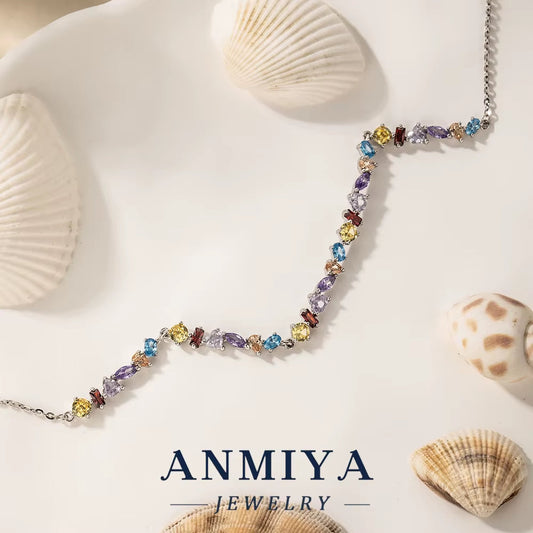 ANMIYA Custom 925 Sterling Silver Colored Zircon Heart Necklace Link Chain Collarbone for Bestfriend Jewelry Accessory