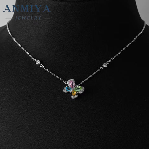 ANMIYA Unique Colorful Zircon 925 Sterling Silver Fashion Jewelry Necklace for Women Girl