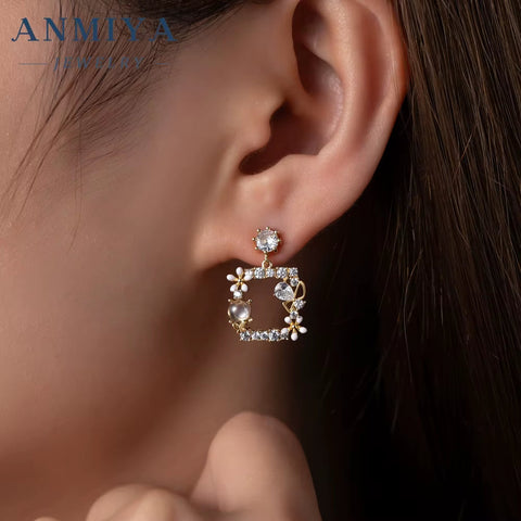 ANMIYA Fashion Earings Pink Flower Korean Butterfly Colour Fashion Sweet Flower 925 Silver Stud Earring for Women Jewelry Women