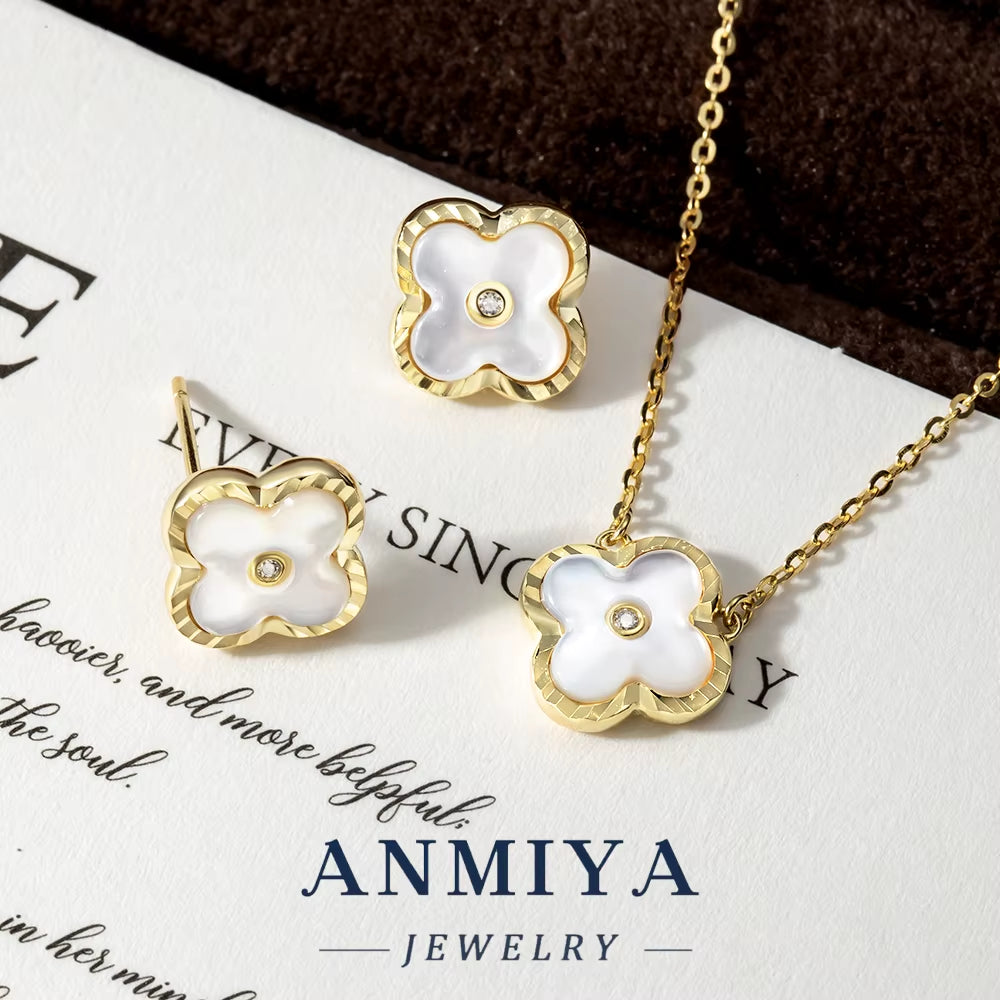 Hypoallergenic Lucky Clover Motif Silver 925 Set with Centered Zircon Inlay Necklace and Earring Sets for Jewelry Lovers