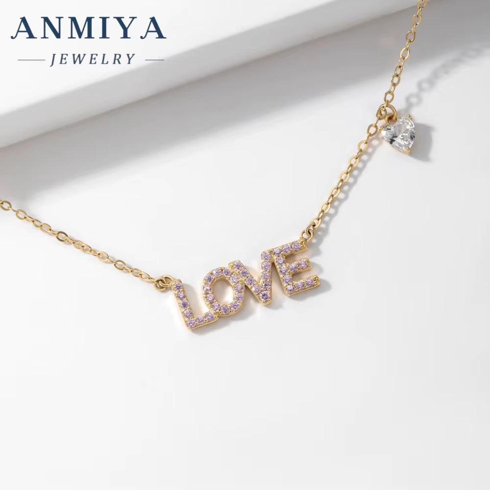 ANMIYA New Arrivals Rhinestone Necklace 925 Sterling Silver Necklace Love Letter Heart Pendant Necklace for Women