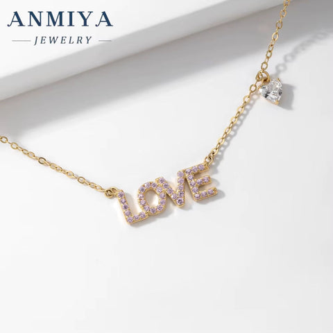 ANMIYA New Arrivals Rhinestone Necklace 925 Sterling Silver Necklace Love Letter Heart Pendant Necklace for Women